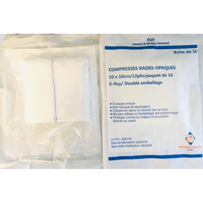Compresses stériles radio-opaques 10 x 10 cm, 12 plis, paquet de 10, double  emballage